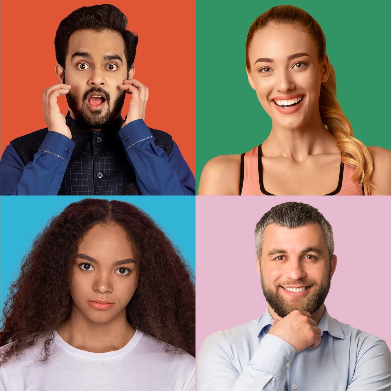 A grid of 4 diverse people, each in a different colored square, displaying various facial expressions including surprise, happiness, excitement, and curiosity.