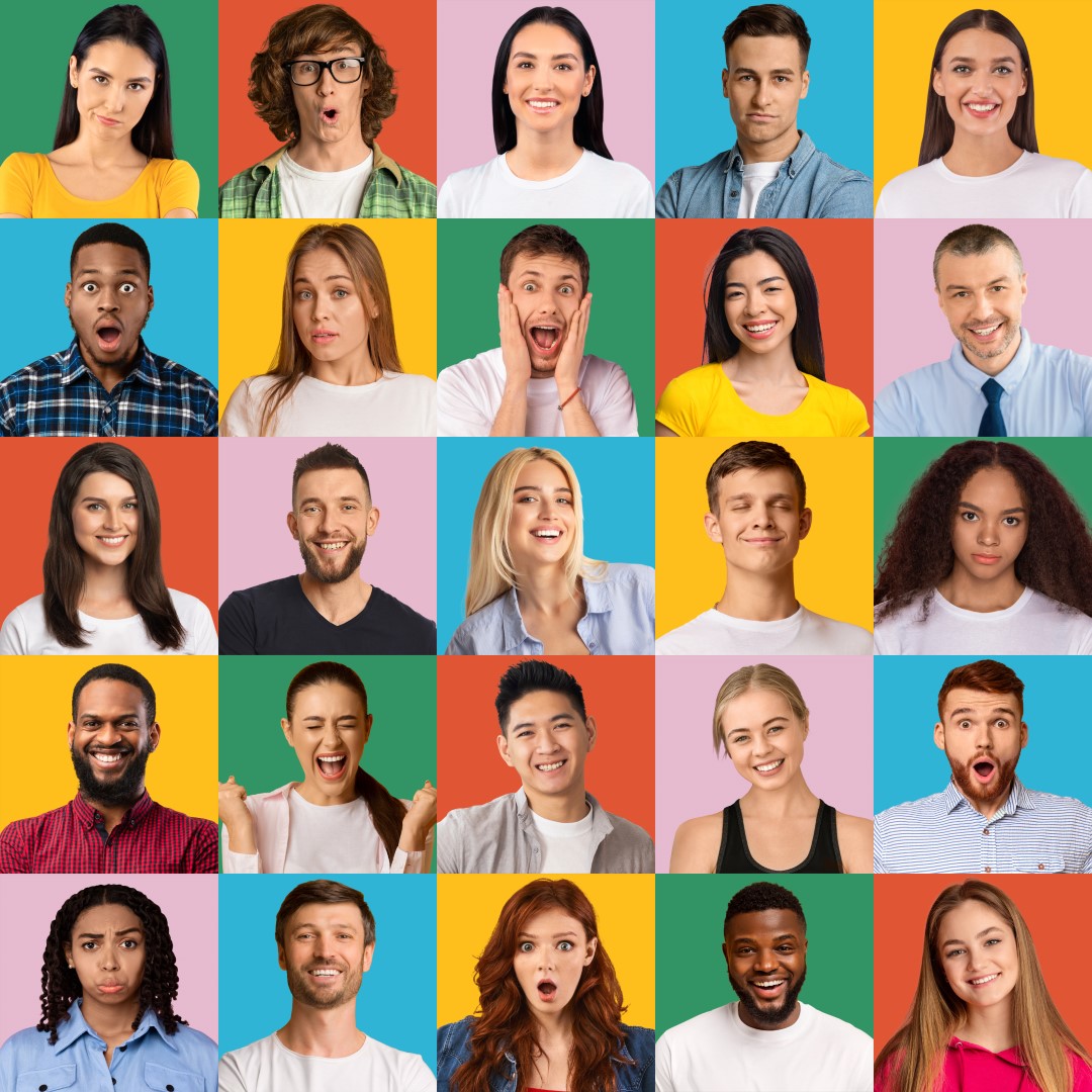 A collage of 25 diverse people, each in a different colored square, displaying various facial expressions including surprise, happiness, excitement, and curiosity.